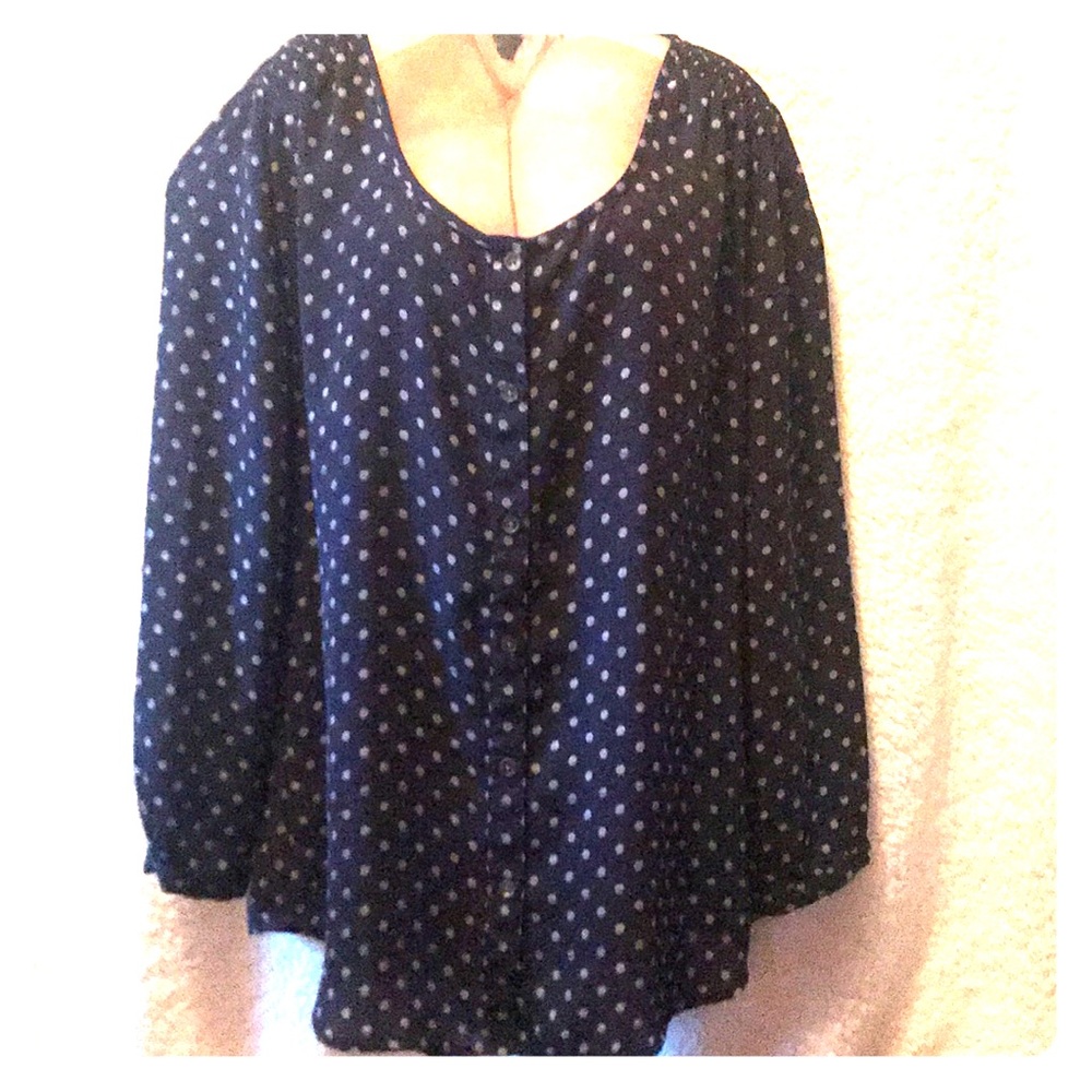 Lands’ End blouse, Navy w/ white polka dots.